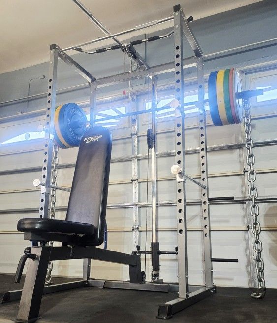 <<FREE DELIVERY>> SQUAT RACK + ADJUSTABLE BENCH + OLYMPIC WEIGHT PLATES + OLYMPIC BARBELL