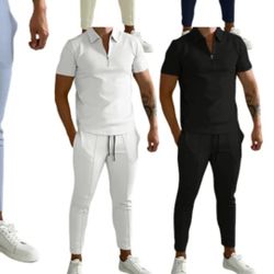 Zipper Polo Shirt + Long Pants Set