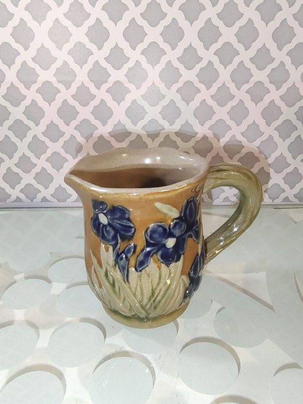 Vintage Majolica Pottery, Blue Flower Botanical Iris Creamer Pitcher