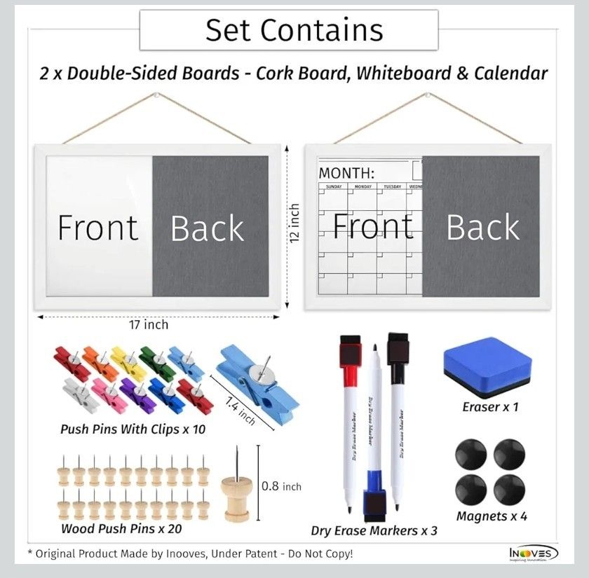 2Pcs Corkboard Whiteboard Calendar Combo - 12" x 17" Dry Erase Calendar Cork Board Combo