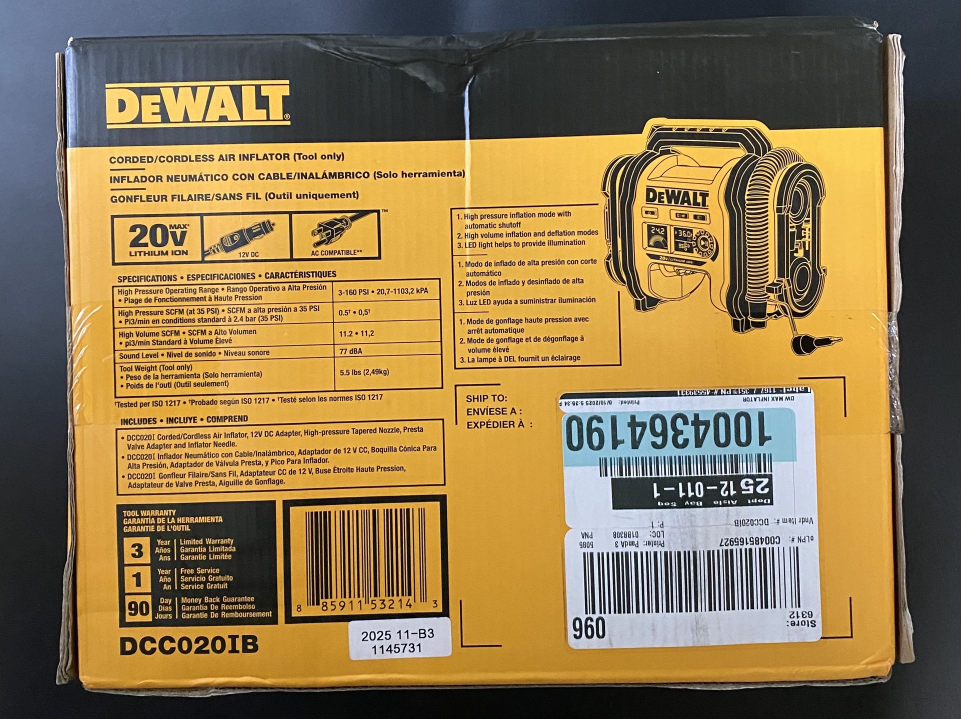 DEWALT DCC020IB 20V MAX Lithium Ion Corded/Cordless Air Inflator