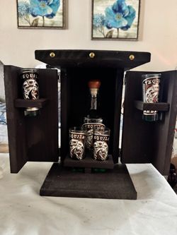Tequila Decanter and Shot Glass Set with Wood Cabinet