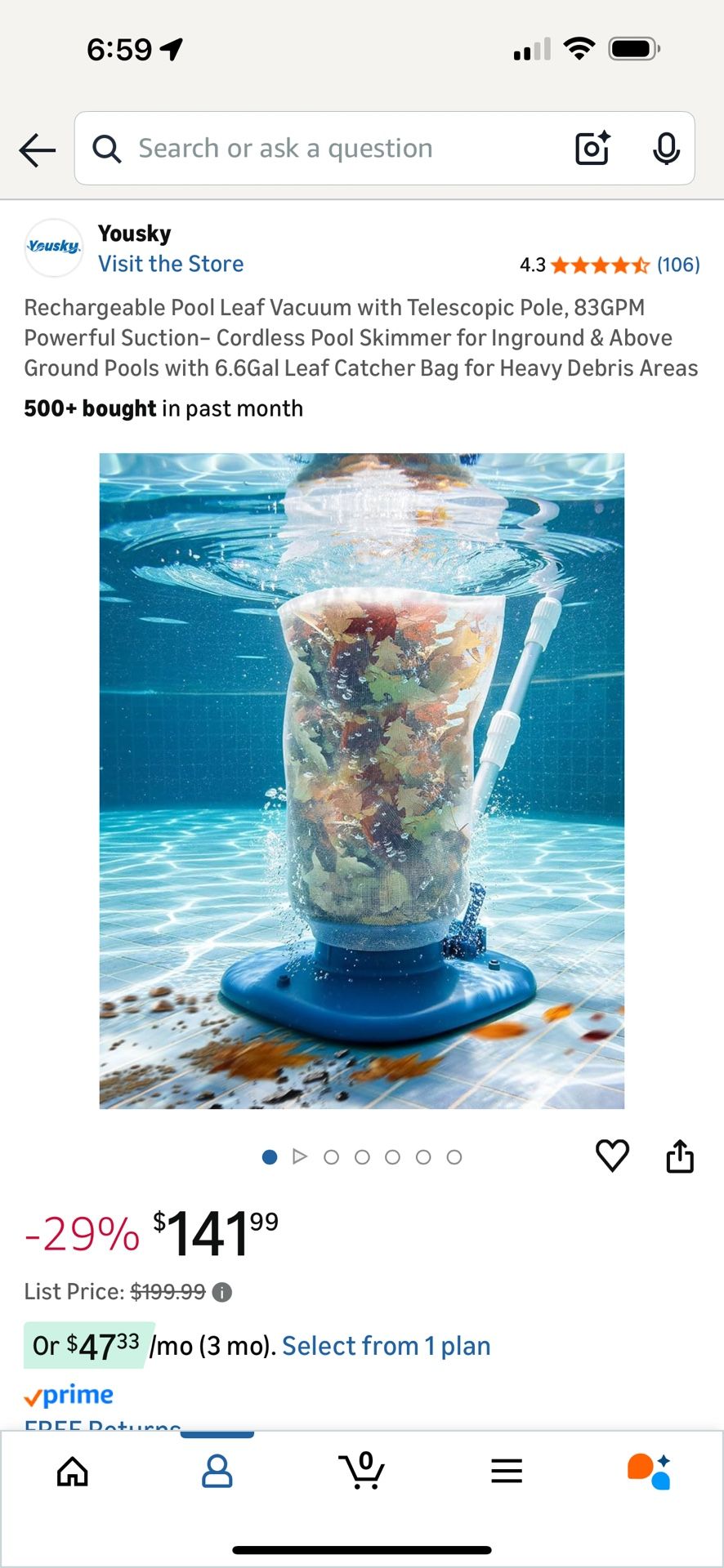 Rechargeable Pool Leaf Vacuum with Telescopic Pole, 83GPM Powerful Suction– Cordless Pool Skimmer for Inground & Above Ground Pools with 6.6Gal Leaf C