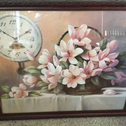 NEW LARGE FRAMED FLORAL PRINT ARTWORK HOME DECOR DECORATION FLOWERS CLOCK - GREAT GIFT!