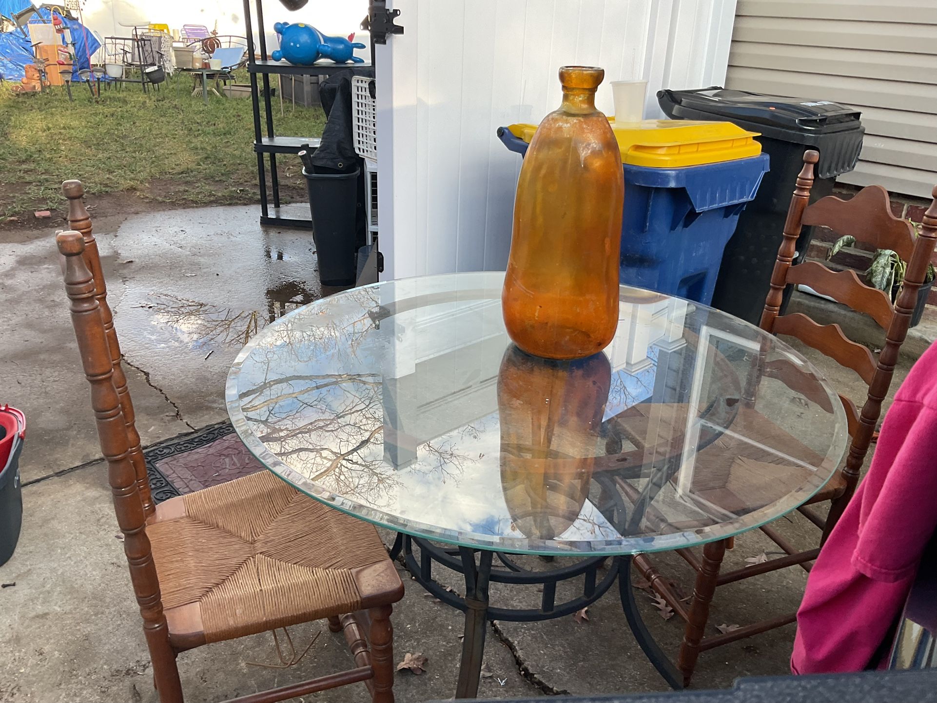 A Beautiful Round, Glass Table, With 2 Great Antique Chairs ($50) For The Set ($15) For The Antique, Big, Long Vase