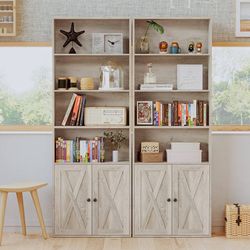 Set of 2 Industrial Bookshelves and Bookcases with Doors Floor Standing 6 Shelf Display Stora open box HK-SG-11 (1051314A)Beige Maple