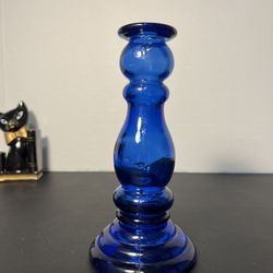 Vintage 1990s Recycled Glass Blue Cobalt Candlestick Candleholder Spain
