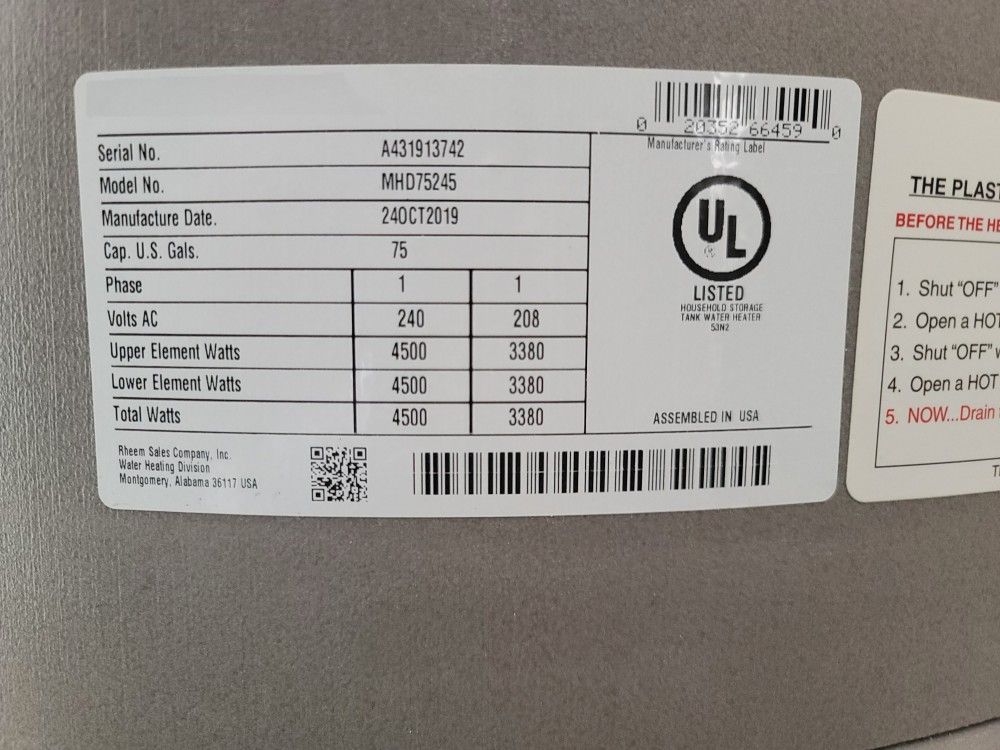 Rheem Marathon 75 gal. Tall 4.5kW 2-Element Electric Heavy Duty Commercial Water  Heater MHD75245 for Sale in Las Vegas, NV - OfferUp