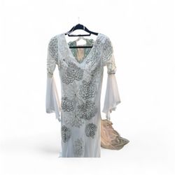 Beautiful Evening Gown, White And Gray Floral Accents With Embellishment