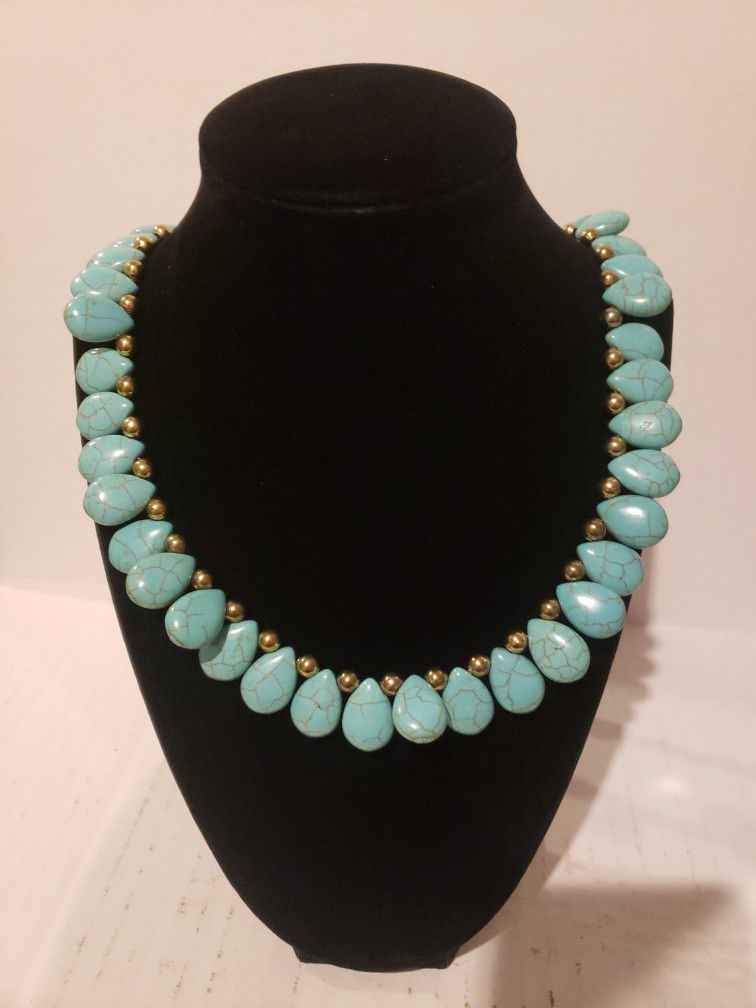 Genuine Turquoise Howlite Teardrops & Round Gold Beads Necklace 24"  F10 