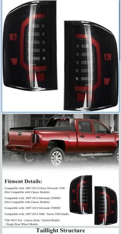 LED Tail Lights Compatible with 2007-2013 Chevy Silverado 1-2014 Silverado 2500 HD/3500 HD, LED Tube Rear Light Lamp Dark Smoke Replace A Pair