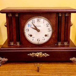 Antique Waterbury Mantle Clock Mahogany Finish Brass 