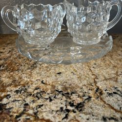 Glass Vintage Collectible Sugar And Creamer With Raised Plate