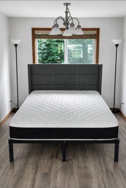 Newer Queen Hybrid 11" Pillowtop Mattress with Platform Bed Frame and Headboard