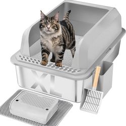 Stainless Steel Cat Litter Box with Lid, XL Large Litter Box Aisle and Mat