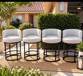 Set of 4 Swivel Counter-Height Bar Stools β Light Gray Upholstery & Black Metal Base