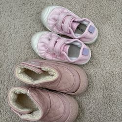 2 pairs pink girl shoes toddler girl boots flat sneaker running shoes winter boot size 7  Both for $5  Comes from pet free smoke free home  Condition 