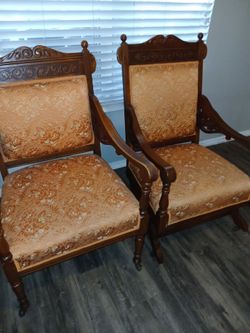 Antique platform rocking and arm chair orange tapestry
