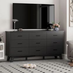 9 Drawers Dresser for Bedroom,Wood Modern Chest of Drawers with X-Shaped Sturdy Base,Black Dresser