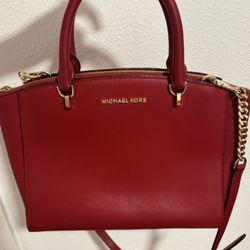 Michael Kors Red Saffiano Leather Satchel with Gold Accents