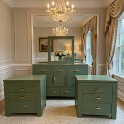 Bedroom set with triple dresser and two night stands beautifully painted. painted