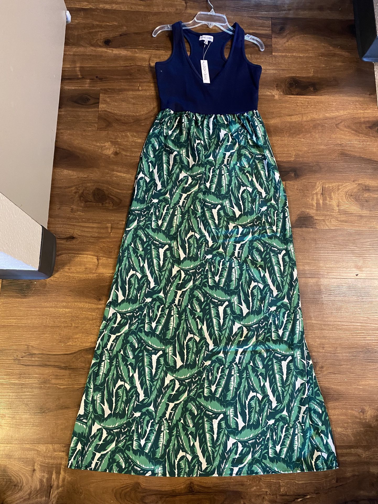 Brand new Womans Thyme & Honey brand navy blue and green colored maxi dress up for sale