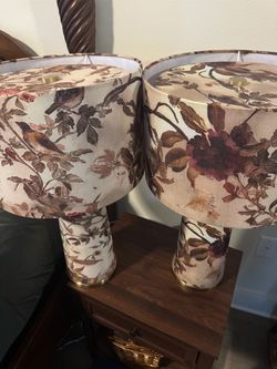 Pair of Floral Table Lamps with Matching Shades