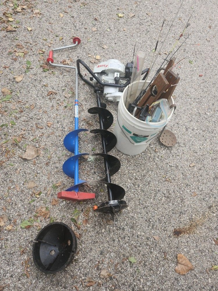 Ice fishing auger tip ups and miscellaneous