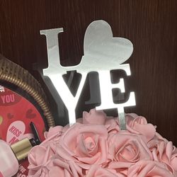 Silver mirrored acrylic sign of Love for anniversary cake topper