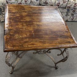 Square Hardwood Side Table With Wrought Iron Base