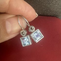 925 Sterling Silver W/ Genuine Blue Topaz And Marcasite Drop Hook Earrings , Marked 925 