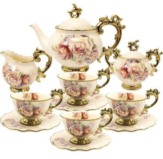 fanquare 15 Pieces British Porcelain Tea Set, Floral Vintage China Coffee Set, Wedding Tea Service for Adult, Big Tea Cup