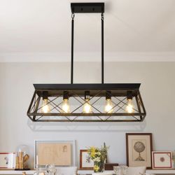 Chandeliers for Dining Room, Rustic Kitchen Island Light Fixture, 5-Light Linear Pendant Lighting Rectangular Chandelier, Metal Solid Ceiling Lights B