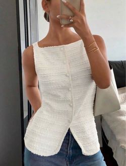 White Textured Sleeveless Top with Buttons