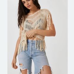 Anthropologie Ivory Macrame Fringe Poncho Top Boho Crochet Festival Coverup OS