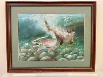 Original Framed Wildlife Art - Otter & Trout Underwater Scene (19.5" x 16")