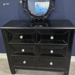6 Drawers Wooden Accent Storage Cabinet/Dresser Chest Black+ Mirror Free