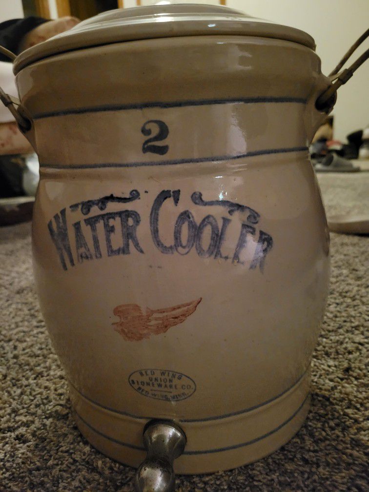 Antique 2 Gallon Red Wing Water Cooler With Spigot And Lid