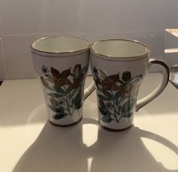OTAGIRI STONEWARE WILDFLOWER MUG CUP SET OF 2 FIELD CLOVERS, VIOLET RED FLOWERS
