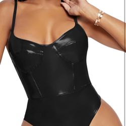 Faux PU Leather Sleeveless Spaghetti Strap Cami Bodysuit Top