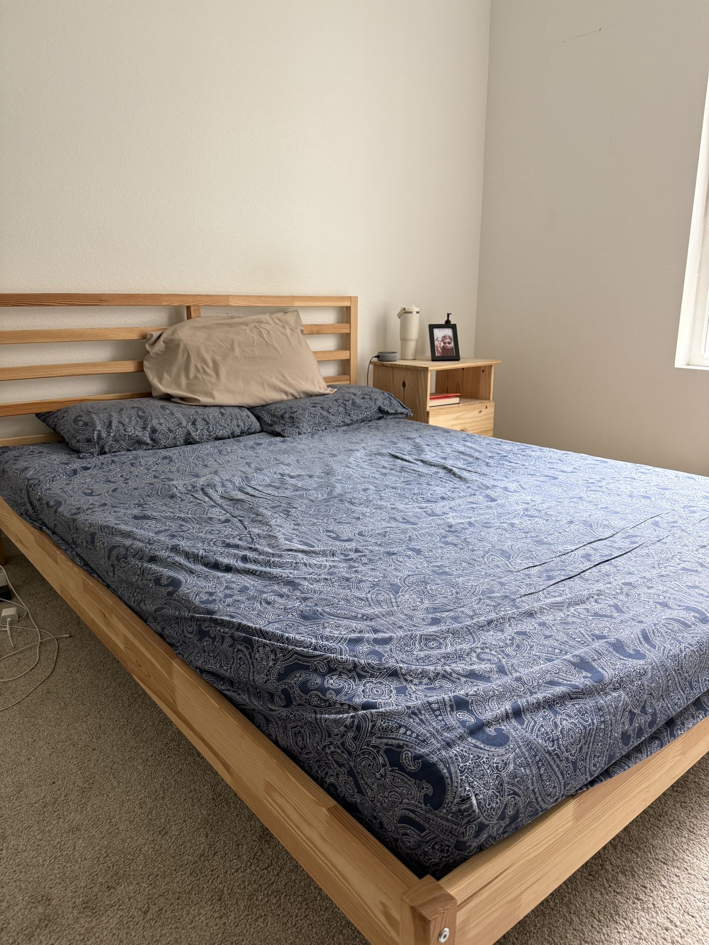 Queen Size Ikea Wooden Bed frame, Mattress And Side Table