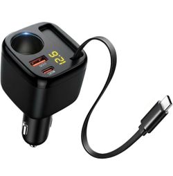 215W Retractable Car Charger USB C, 65W PD Laptop Fast Charging, 4-in-1 Cigarette Lighter Splitter with Extra Socket, Car Adapter for iPhone 17/16 Pro