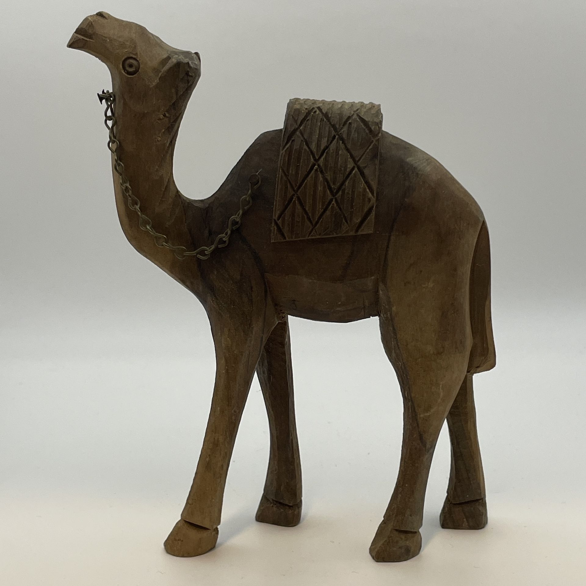 Hand Carved Wooden Camel Figure With Chain Approx. 6 In Tall