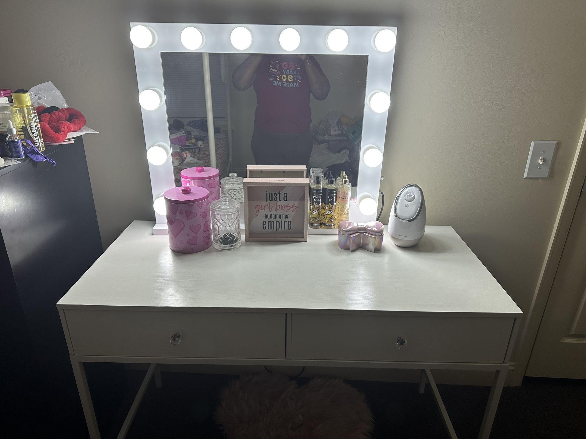 Large Vanity or Desk and Mirror with Dimmer, and Power Outlet.