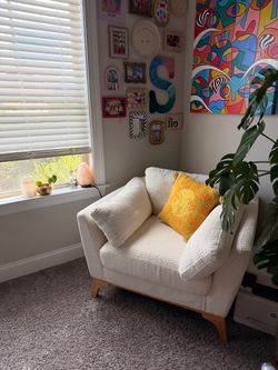 Cream Upholstered Mid Century Modern Lounge Sofa Chair