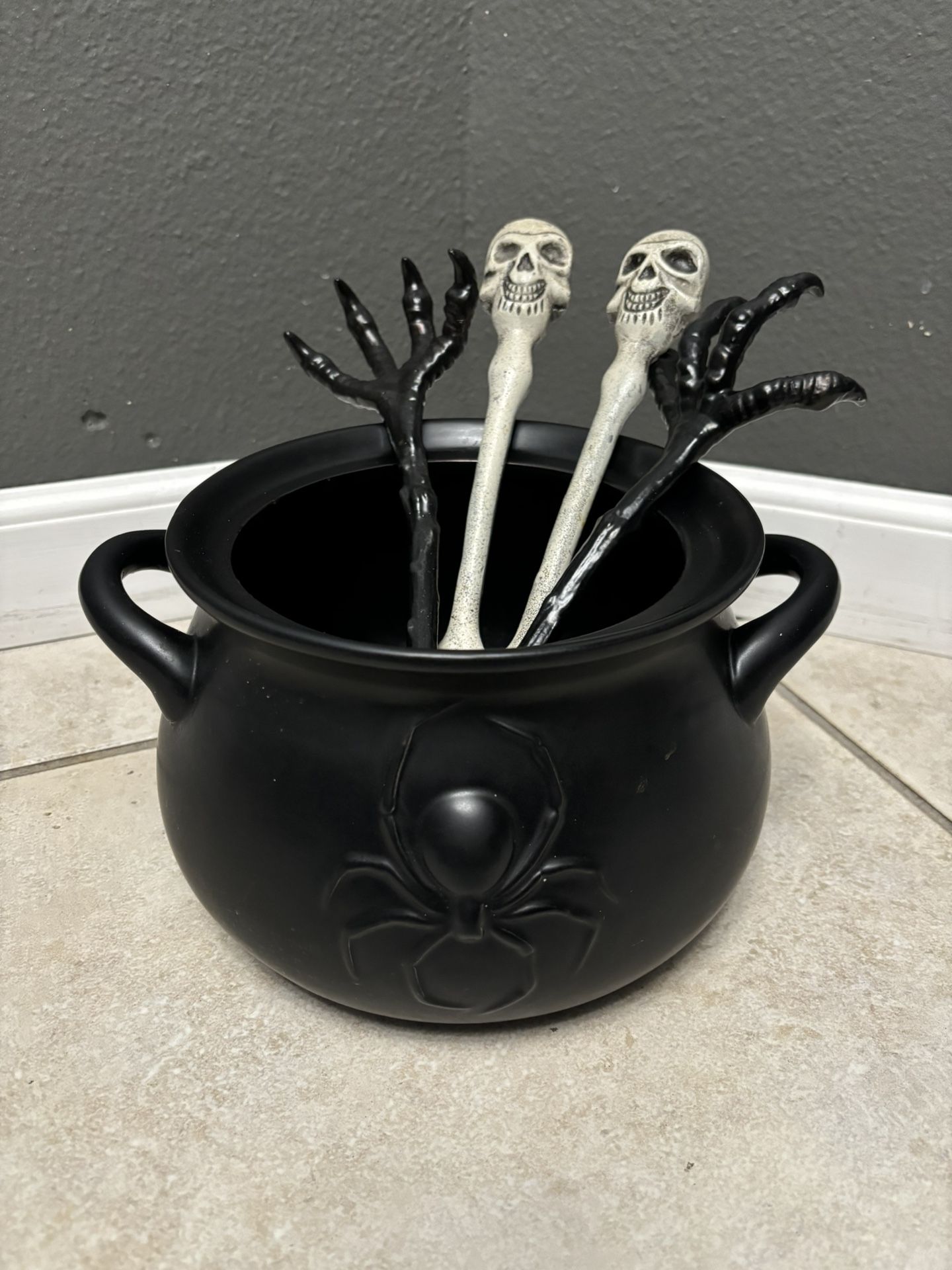Witches Brew Cauldron With Skeleton Spoon And Fork And Salad Tosser