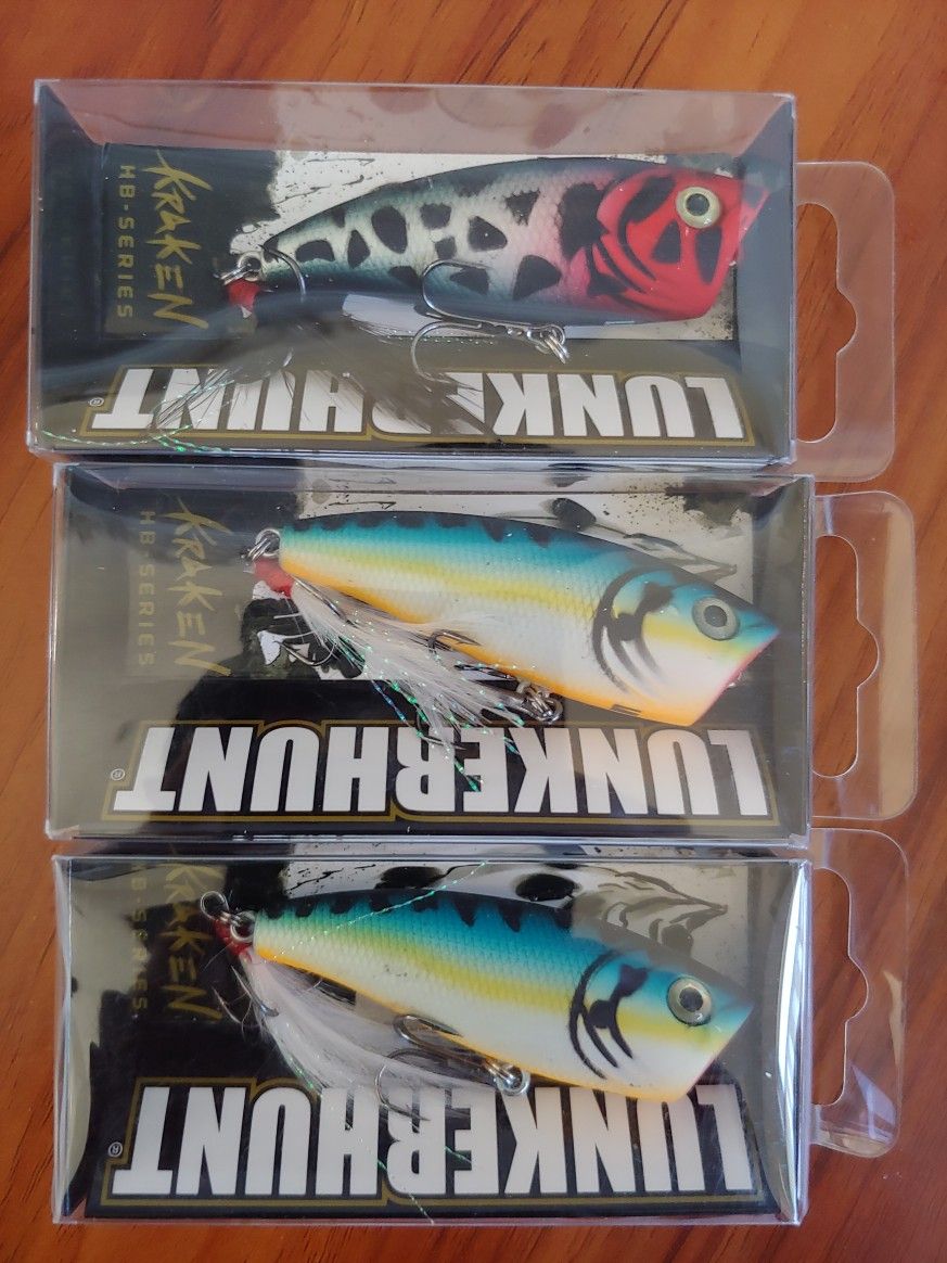 3 Packs Lunkerhunt Kraken Topwater Poppers - Fishing Lures - NOS - Discontinued