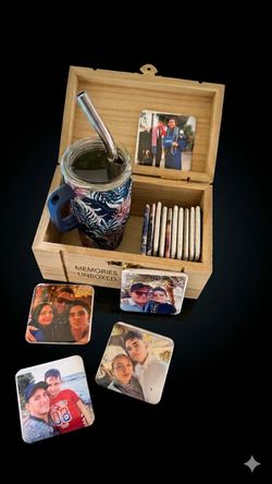 Personalized Gift Box | Custom Photo Magnet Set | 8 Photo Magnets with Wooden Box | Mini Tumbler