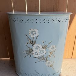 Vintage Mid Century Blue Hand Painted Floral Metal Laundry Clothes Hamper 