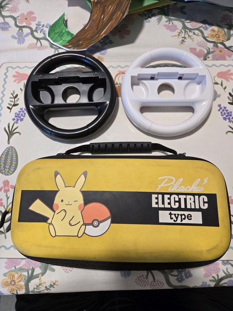 Nintendo Switch Pikachu case and steering wheel joy-cons